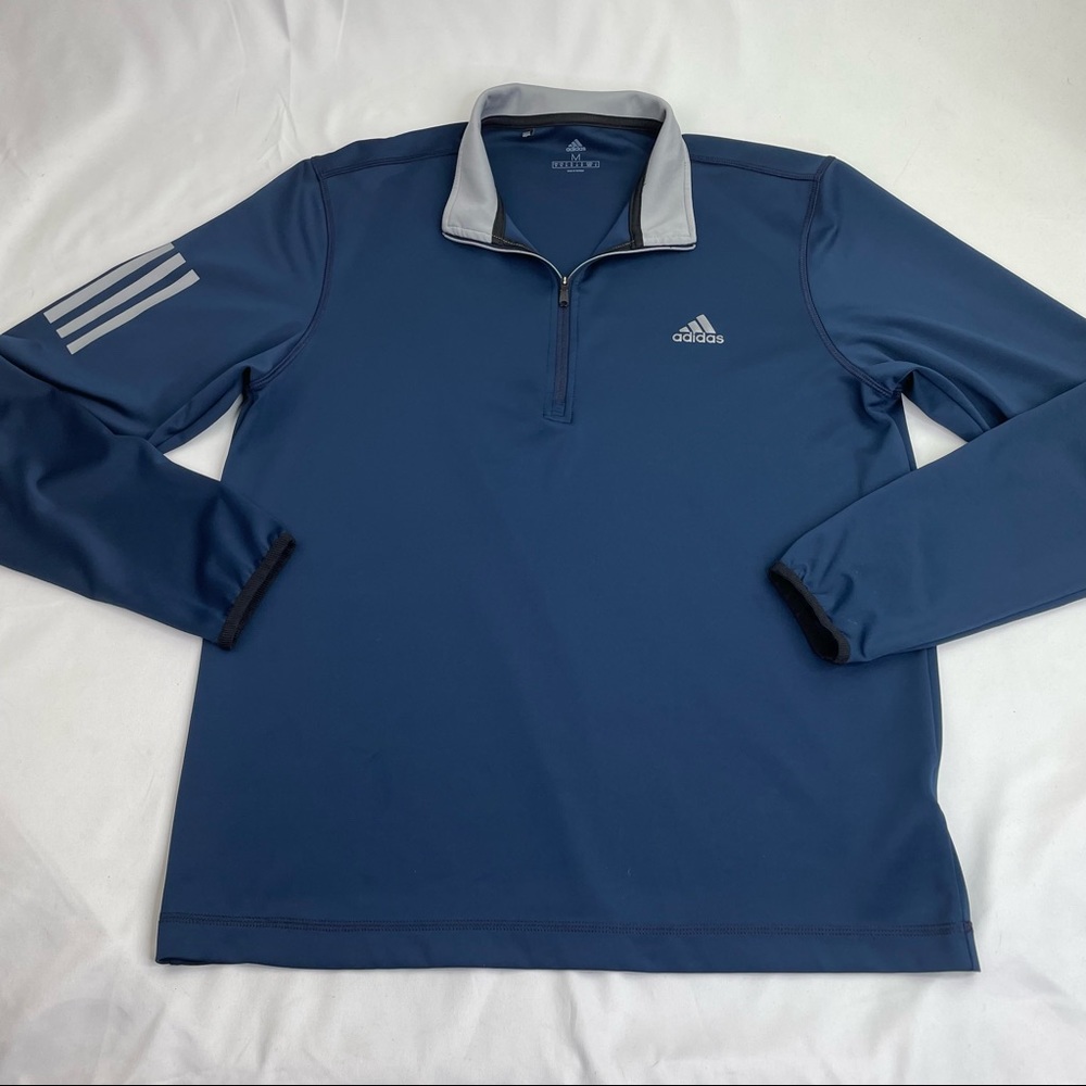 Mens Adidas 1/4 Zip Blue Pullover Sweatshirt Size M Three Stripe Polyester Blend